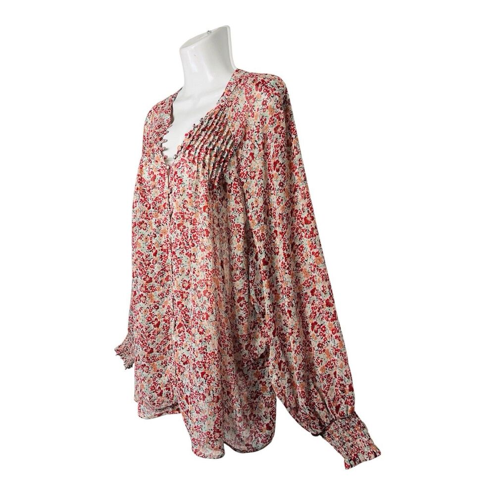 Torrid Floral Sheer Blouse 3X Red Button Up Long Sleeve Gold Stripe Boho Top - Picture 5 of 11